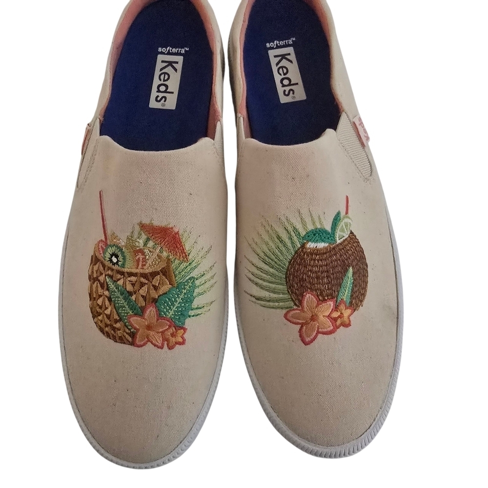NEW Keds Cream Embroidered Tropical Drinks Slip-On Sneakers Shoes